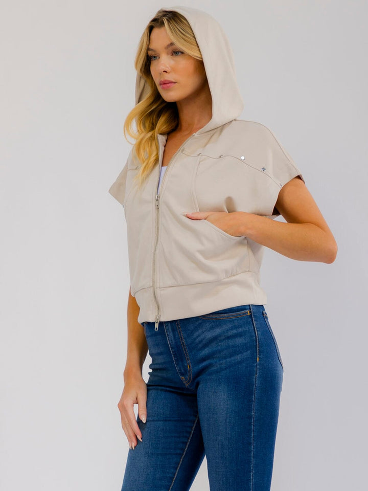 WOMEN'S SHORT SLEEVE ZIP UP FRONT POCKETS HOODED TOP
