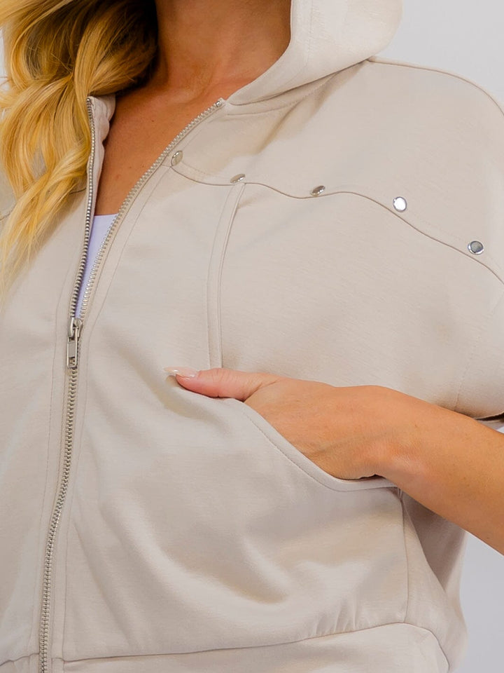 WOMEN'S SHORT SLEEVE ZIP UP FRONT POCKETS HOODED TOP
