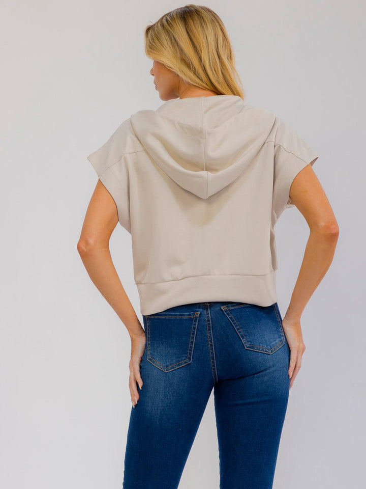 WOMEN'S SHORT SLEEVE ZIP UP FRONT POCKETS HOODED TOP
