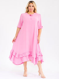 PLUS SIZE 3/4 SLEEVE RUFFLE BOTTOM HEM FRONT POCKETS LOOSE FIT MAXI DRESS