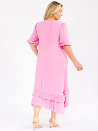 PLUS SIZE 3/4 SLEEVE RUFFLE BOTTOM HEM FRONT POCKETS LOOSE FIT MAXI DRESS