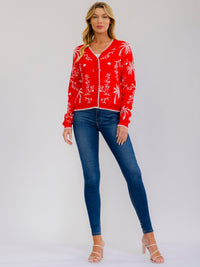 WOMEN'S LONG SLEEVE BUTTON UP MULTI PRINT COLORBLOCK SWEATER