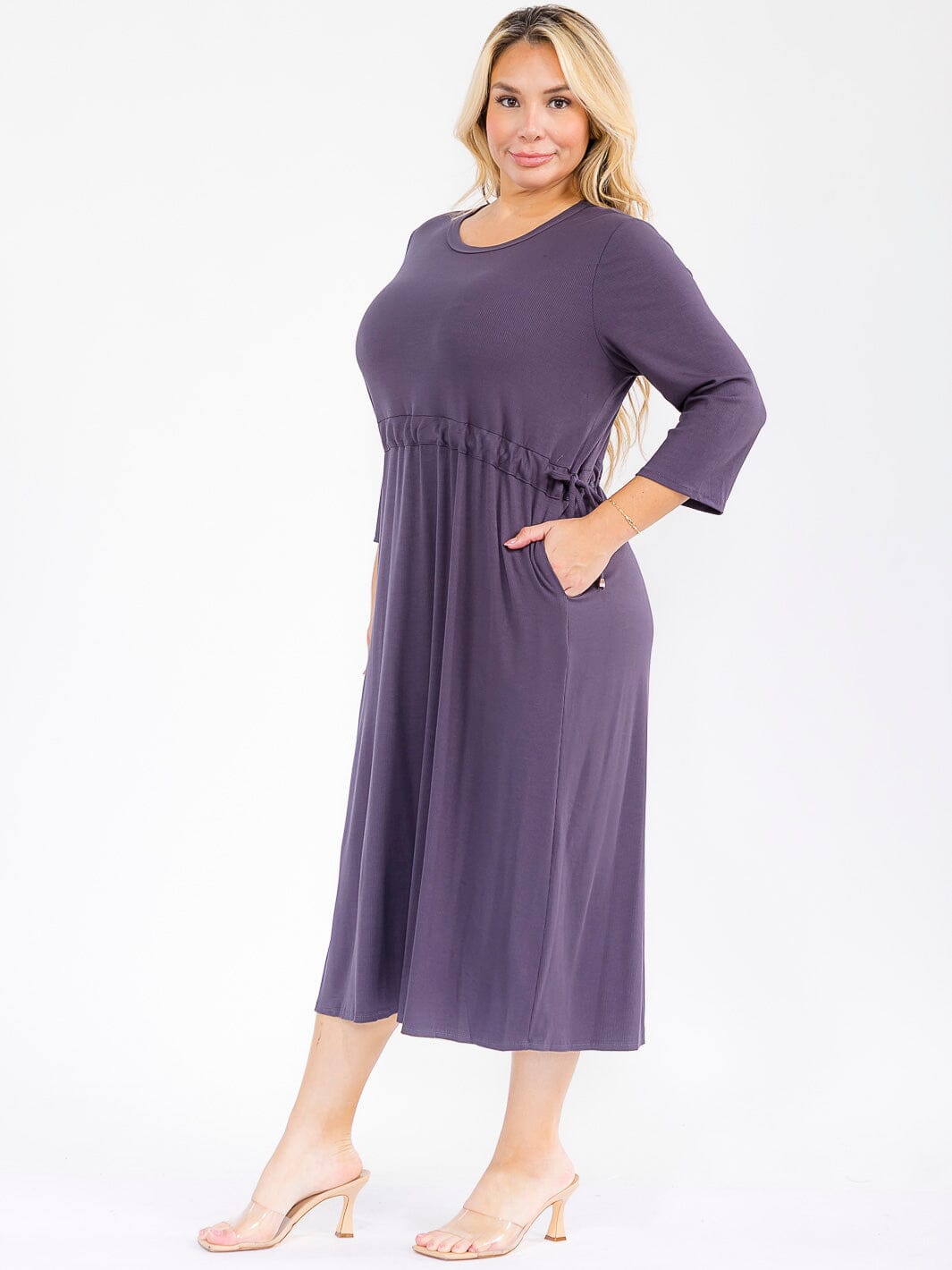 PLUS SIZE 3/4 SLEEVE FRONT POCKETS ADJUSTABLE WAIST RIBBED MAXI DRESS
