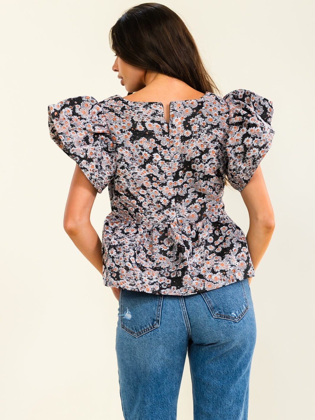 ENTRO WOMEN'S SHORT PUFF SLEEVE SQUARE NECK FLORAL PRINT PEPLUM BLOUSE