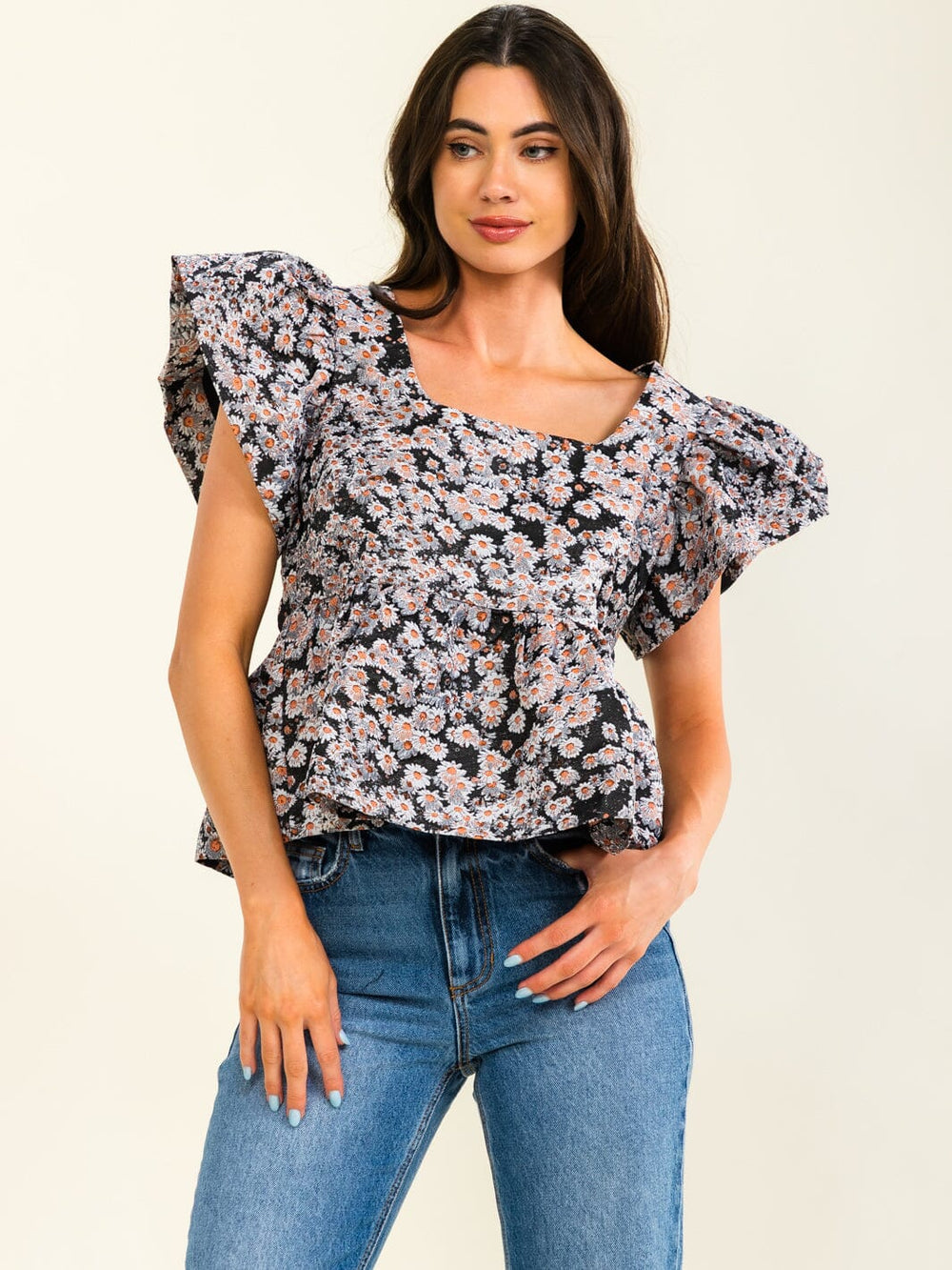 ENTRO WOMEN'S SHORT PUFF SLEEVE SQUARE NECK FLORAL PRINT PEPLUM BLOUSE