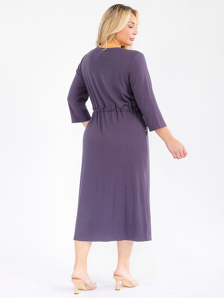 PLUS SIZE 3/4 SLEEVE FRONT POCKETS ADJUSTABLE WAIST RIBBED MAXI DRESS