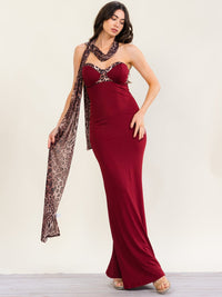 HALFHEART WOMEN'S SLEEVELESS ANIMAL PRINT WITH SCARF CONTRAST BODYCON MAXI DRESS