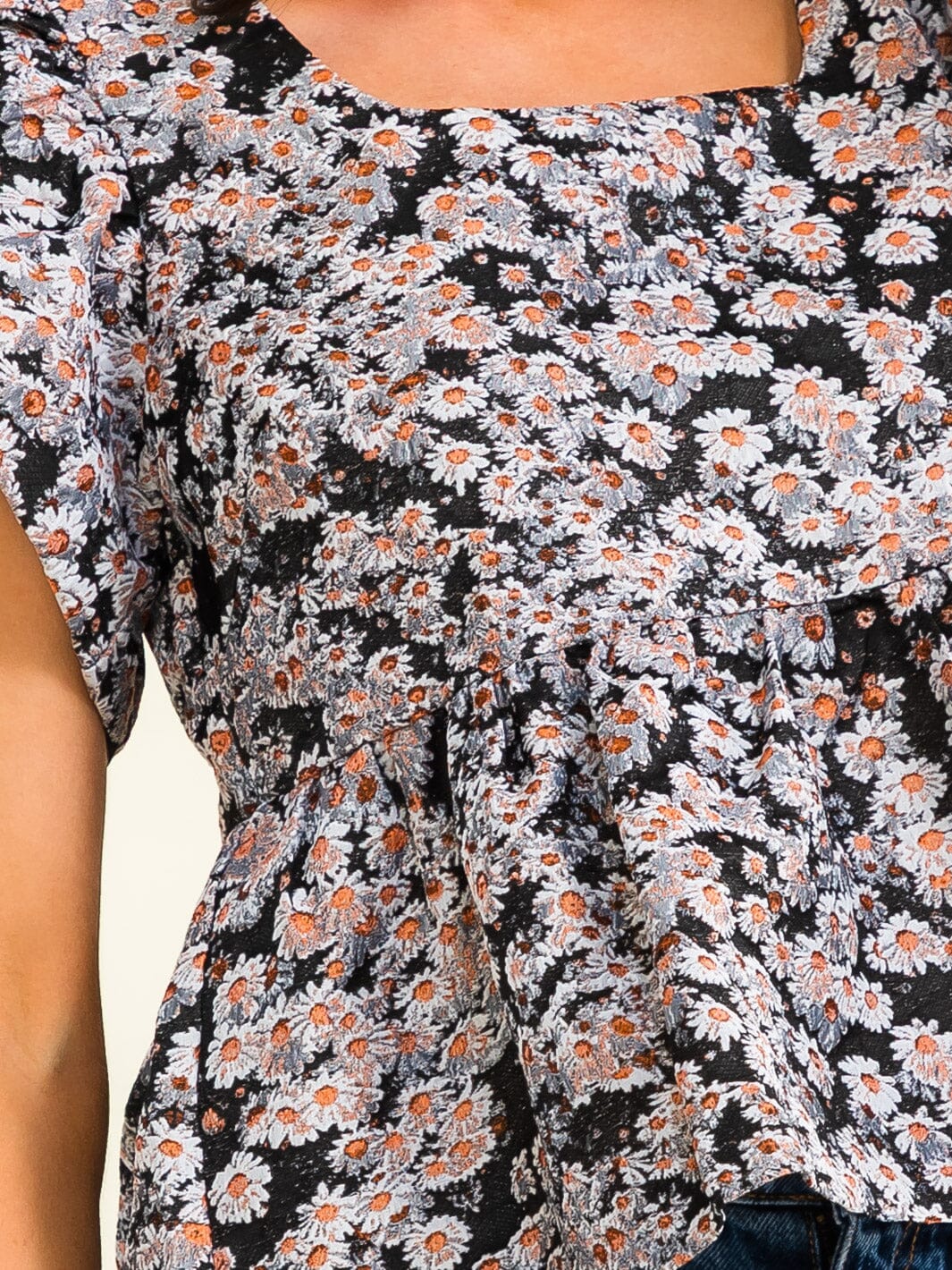 ENTRO WOMEN'S SHORT PUFF SLEEVE SQUARE NECK FLORAL PRINT PEPLUM BLOUSE