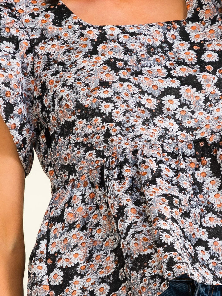 ENTRO WOMEN'S SHORT PUFF SLEEVE SQUARE NECK FLORAL PRINT PEPLUM BLOUSE
