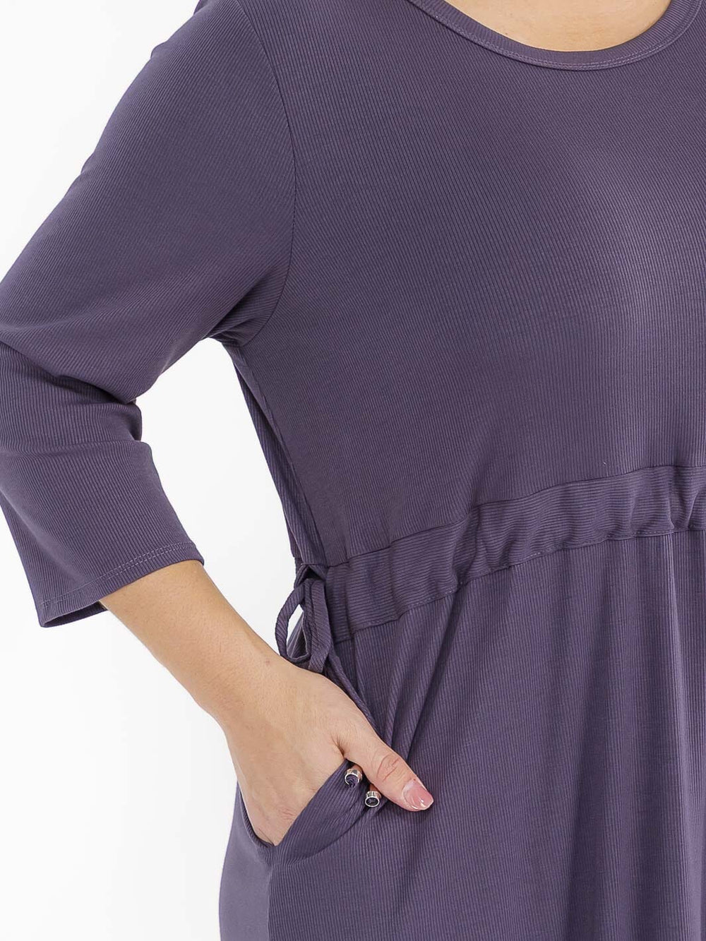 PLUS SIZE 3/4 SLEEVE FRONT POCKETS ADJUSTABLE WAIST RIBBED MAXI DRESS