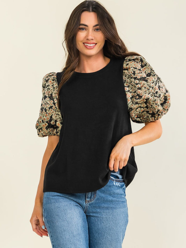 ENTRO WOMEN'S SHORT PUFF SLEEVE FLORAL PRINT CONTRAST BLOUSE