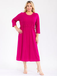 PLUS SIZE 3/4 SLEEVE FRONT POCKETS ADJUSTABLE WAIST RIBBED MAXI DRESS