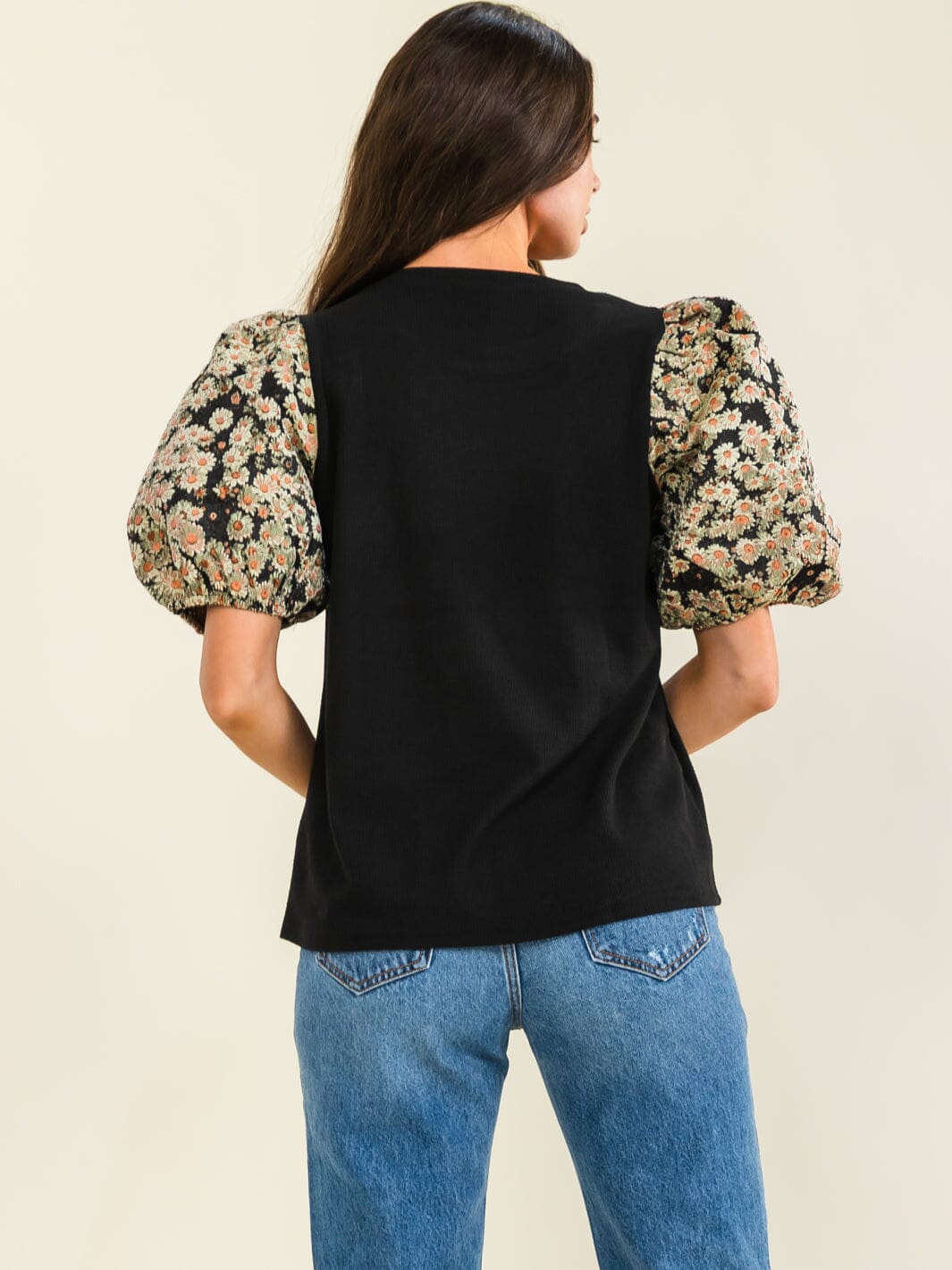 ENTRO WOMEN'S SHORT PUFF SLEEVE FLORAL PRINT CONTRAST BLOUSE