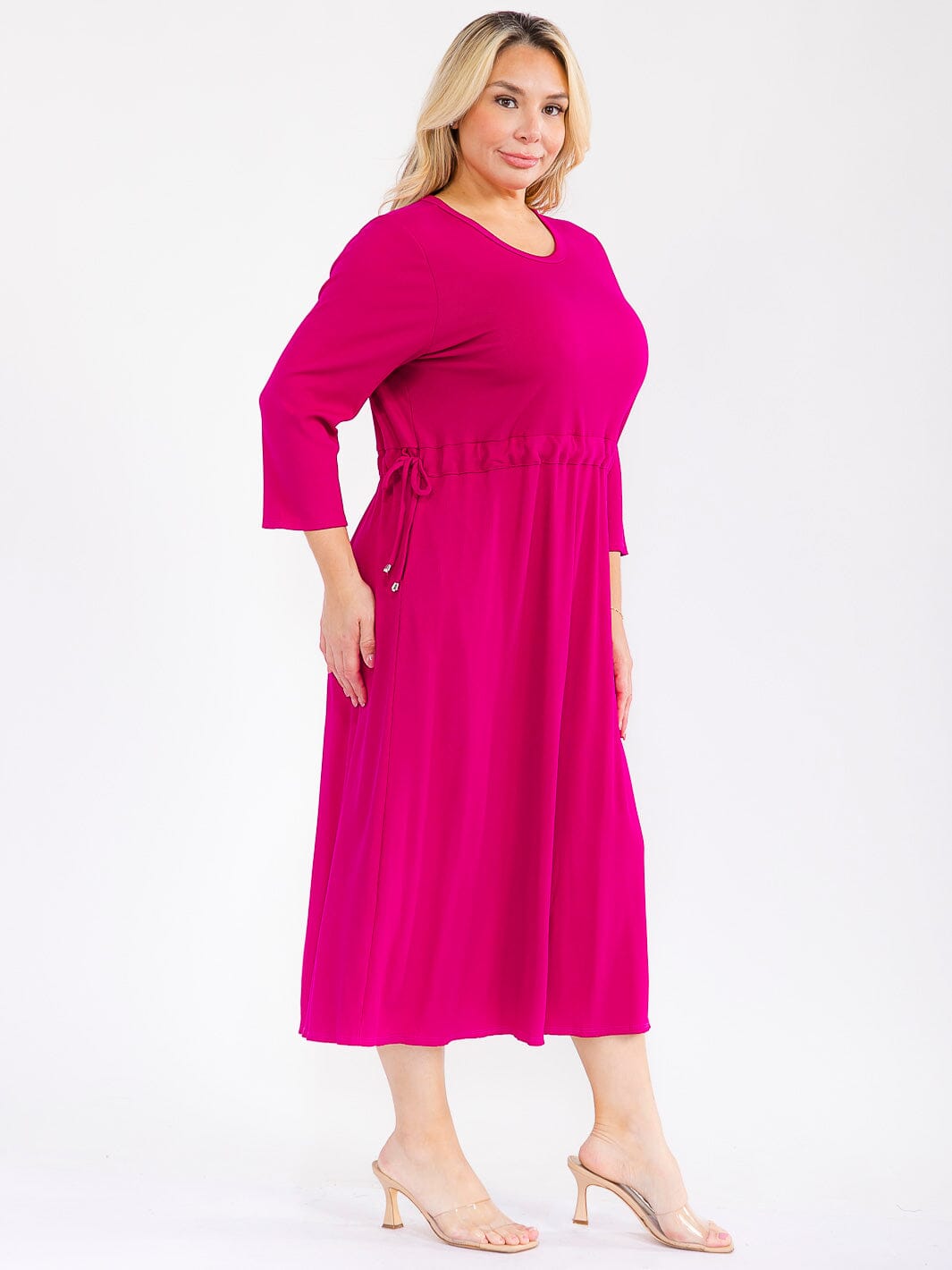 PLUS SIZE 3/4 SLEEVE FRONT POCKETS ADJUSTABLE WAIST RIBBED MAXI DRESS