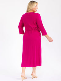 PLUS SIZE 3/4 SLEEVE FRONT POCKETS ADJUSTABLE WAIST RIBBED MAXI DRESS