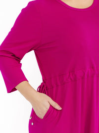 PLUS SIZE 3/4 SLEEVE FRONT POCKETS ADJUSTABLE WAIST RIBBED MAXI DRESS