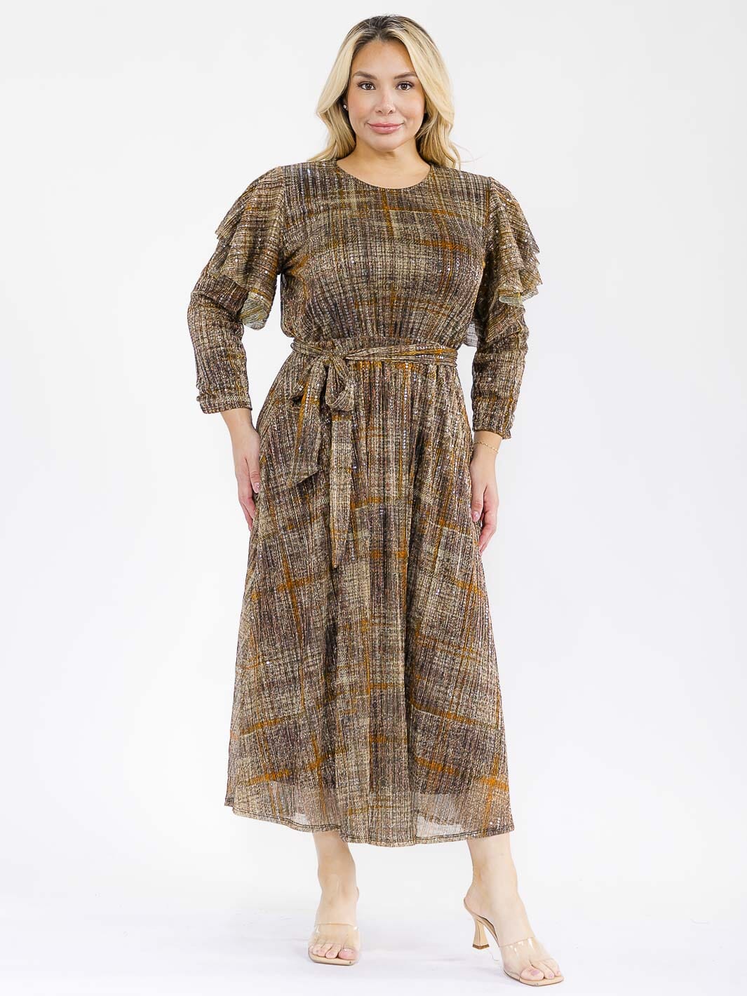 PLUS SIZE 3/4 RUFFLE SLEEVE SELF TIE SEQUINS PRINT MAXI DRESS