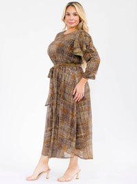 PLUS SIZE 3/4 RUFFLE SLEEVE SELF TIE SEQUINS PRINT MAXI DRESS