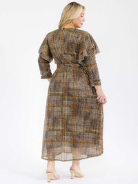 PLUS SIZE 3/4 RUFFLE SLEEVE SELF TIE SEQUINS PRINT MAXI DRESS