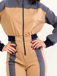 HALFHEART WOMEN'S LONG SLEEVE MOCK NECK ZIP UP COLORBLOCK WIDE LEG JUMPSUIT
