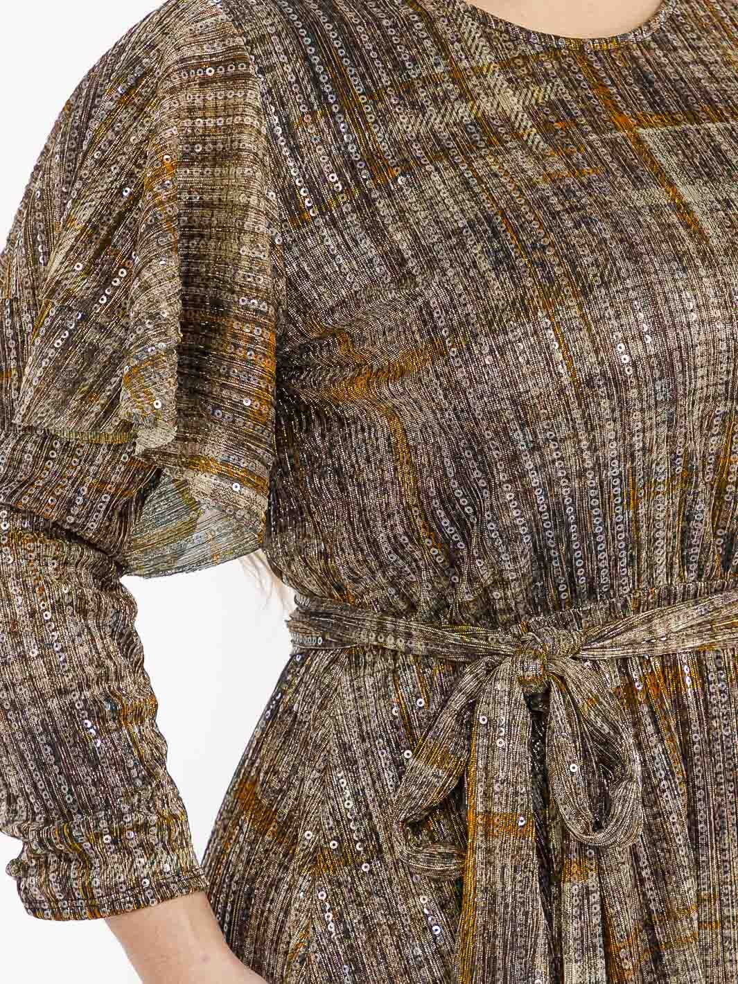 PLUS SIZE 3/4 RUFFLE SLEEVE SELF TIE SEQUINS PRINT MAXI DRESS