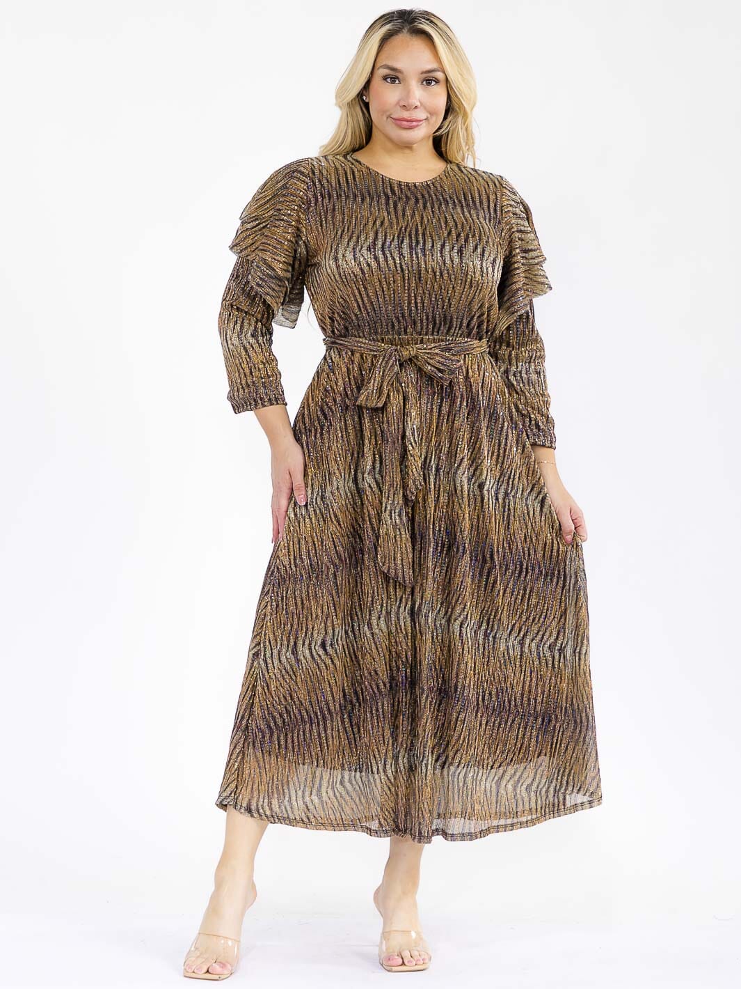 PLUS SIZE 3/4 RUFFLE SLEEVE SELF TIE SEQUINS ANIMAL PRINT MAXI DRESS