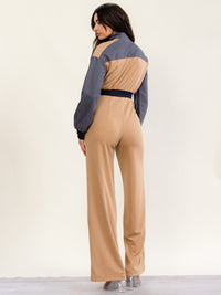 HALFHEART WOMEN'S LONG SLEEVE MOCK NECK ZIP UP COLORBLOCK WIDE LEG JUMPSUIT