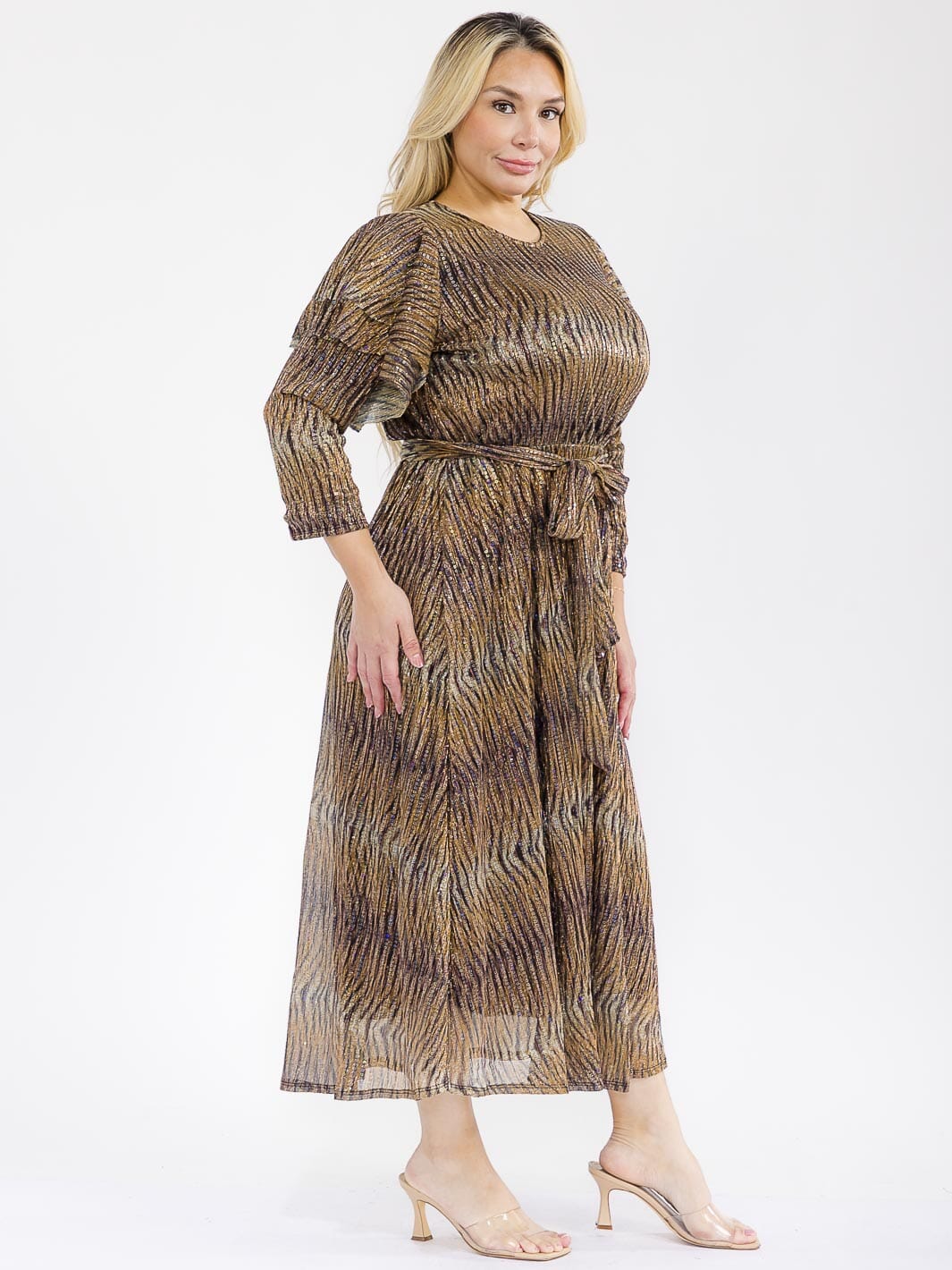 PLUS SIZE 3/4 RUFFLE SLEEVE SELF TIE SEQUINS ANIMAL PRINT MAXI DRESS