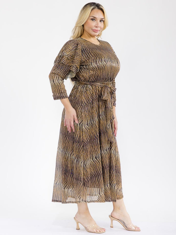 PLUS SIZE 3/4 RUFFLE SLEEVE SELF TIE SEQUINS ANIMAL PRINT MAXI DRESS