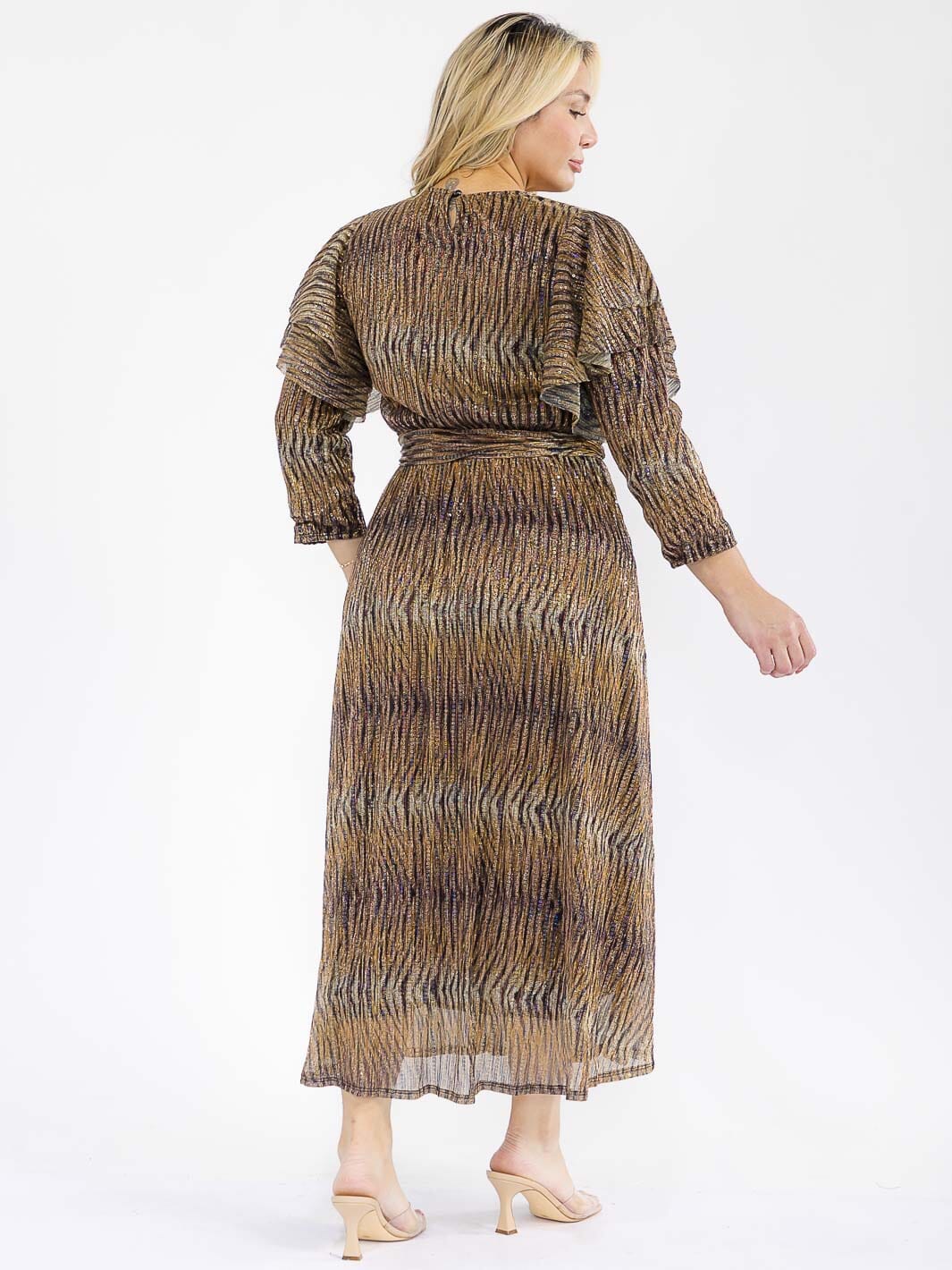 PLUS SIZE 3/4 RUFFLE SLEEVE SELF TIE SEQUINS ANIMAL PRINT MAXI DRESS