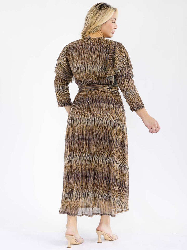 PLUS SIZE 3/4 RUFFLE SLEEVE SELF TIE SEQUINS ANIMAL PRINT MAXI DRESS