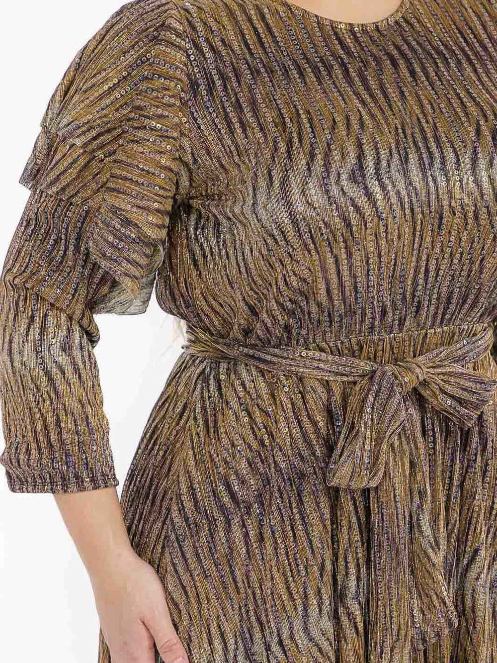 PLUS SIZE 3/4 RUFFLE SLEEVE SELF TIE SEQUINS ANIMAL PRINT MAXI DRESS