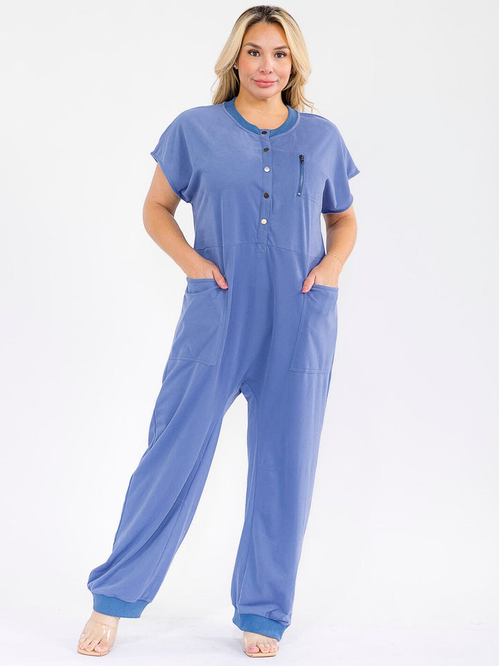 PLUS SIZE SHORT SLEEVE BUTTON UP FRONT POCKETS JOGGER LEG JUMPSUIT