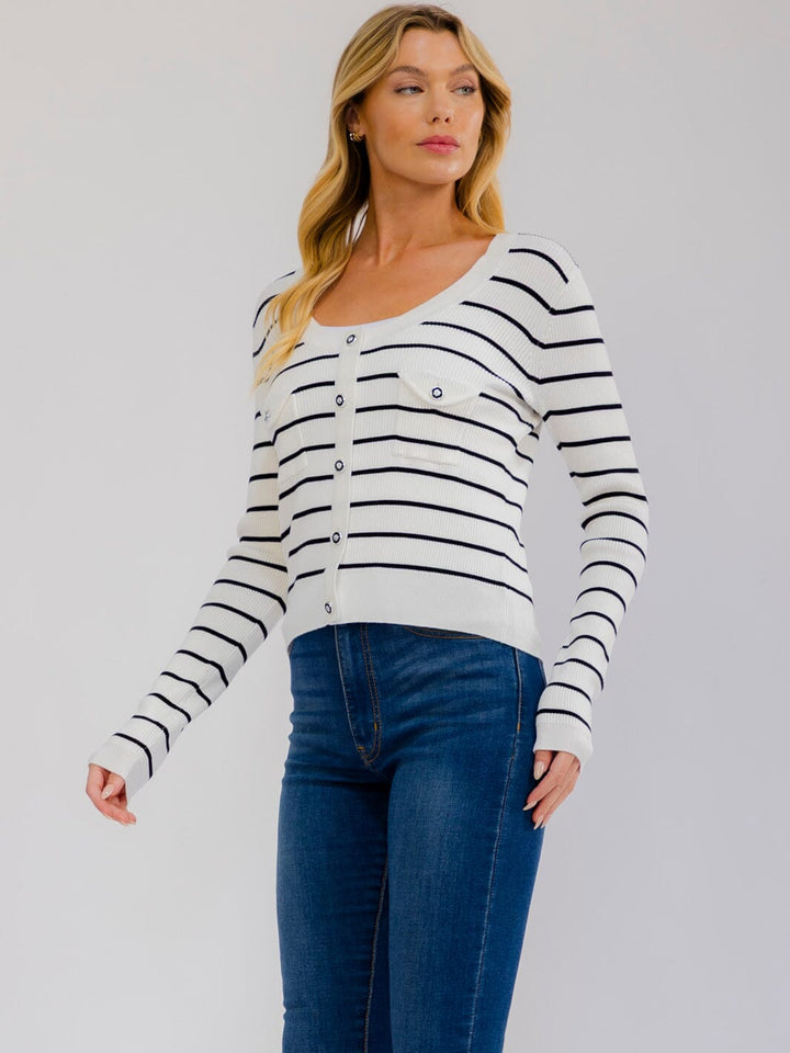 WOMEN'S LONG SLEEVE FRONT POCKETS COLORBLOCK STRIPES RIBBED TOP
