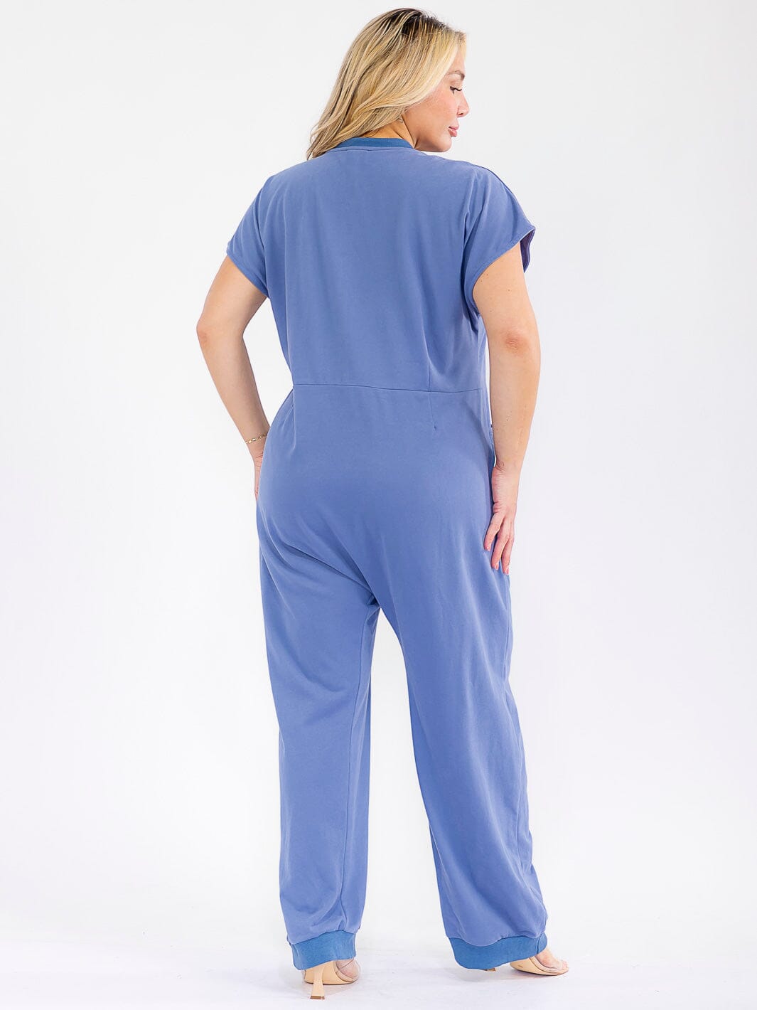 PLUS SIZE SHORT SLEEVE BUTTON UP FRONT POCKETS JOGGER LEG JUMPSUIT