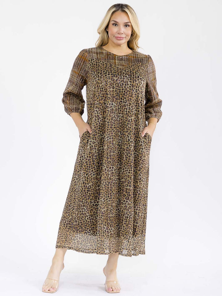 PLUS SIZE 3/4 SLEEVE FRONT POCKETS SEQUINS ANIMAL PRINT MAXI DRESS