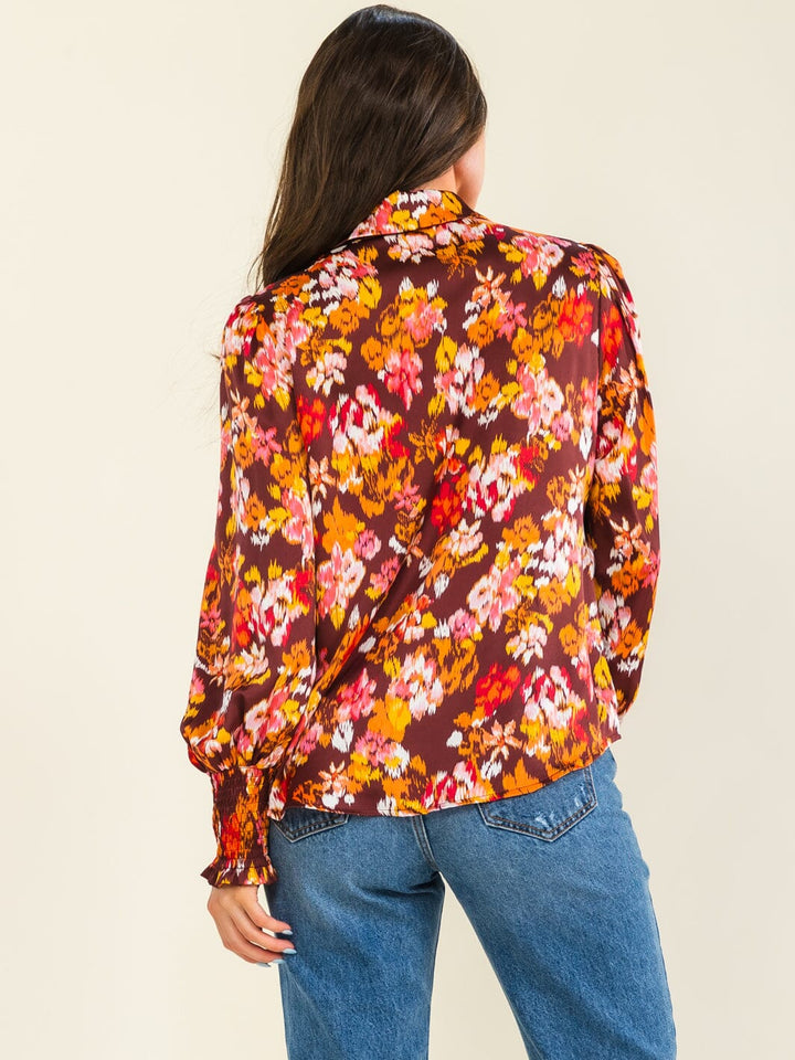 ENTRO WOMEN'S LONG SLEEVE BUTTON UP FLORAL PRINT BLOUSE