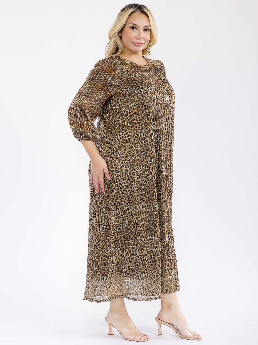PLUS SIZE 3/4 SLEEVE FRONT POCKETS SEQUINS ANIMAL PRINT MAXI DRESS