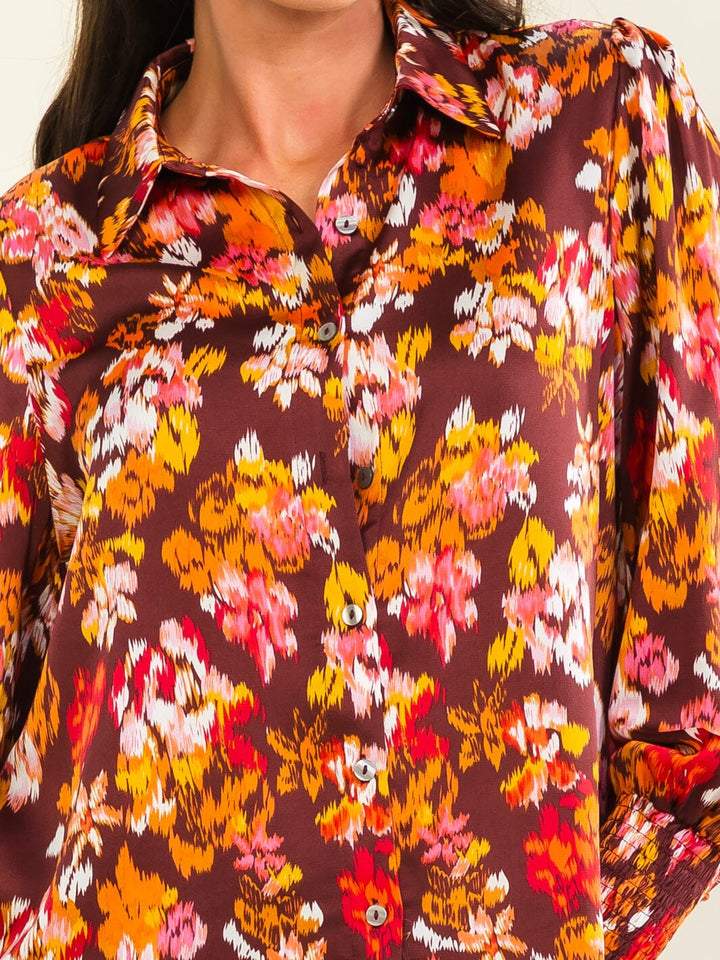 ENTRO WOMEN'S LONG SLEEVE BUTTON UP FLORAL PRINT BLOUSE