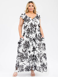 PLUS SIZE SHORT SLEEVE V-NECK POCKETS FLORAL TIERED MAXI DRESS