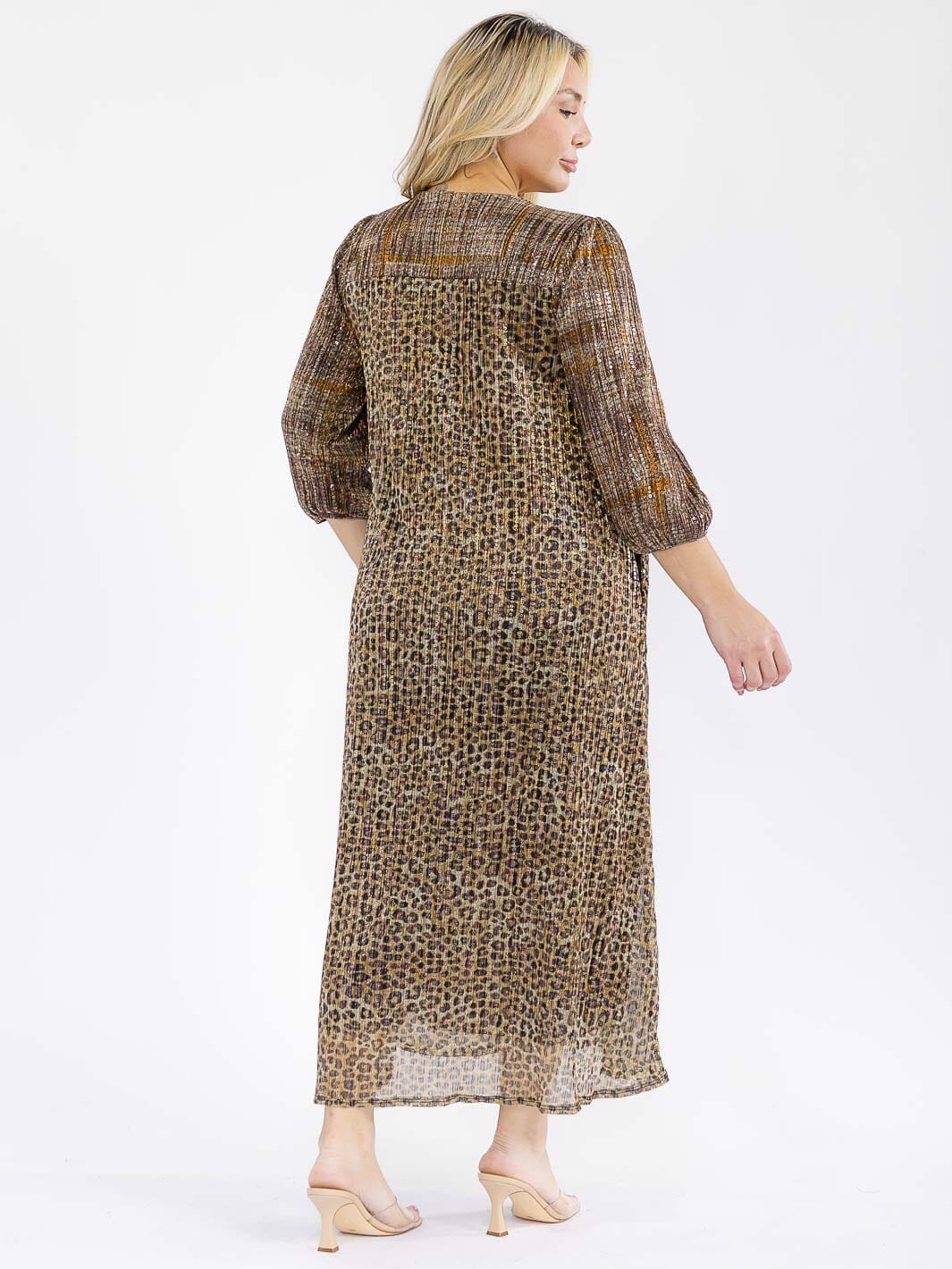 PLUS SIZE 3/4 SLEEVE FRONT POCKETS SEQUINS ANIMAL PRINT MAXI DRESS