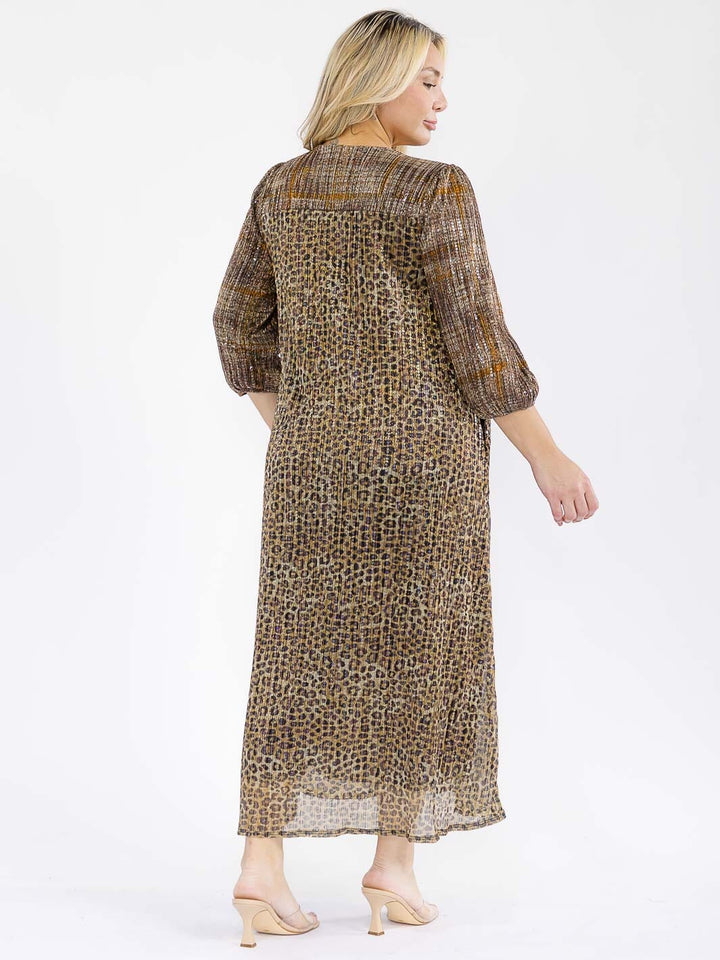 PLUS SIZE 3/4 SLEEVE FRONT POCKETS SEQUINS ANIMAL PRINT MAXI DRESS