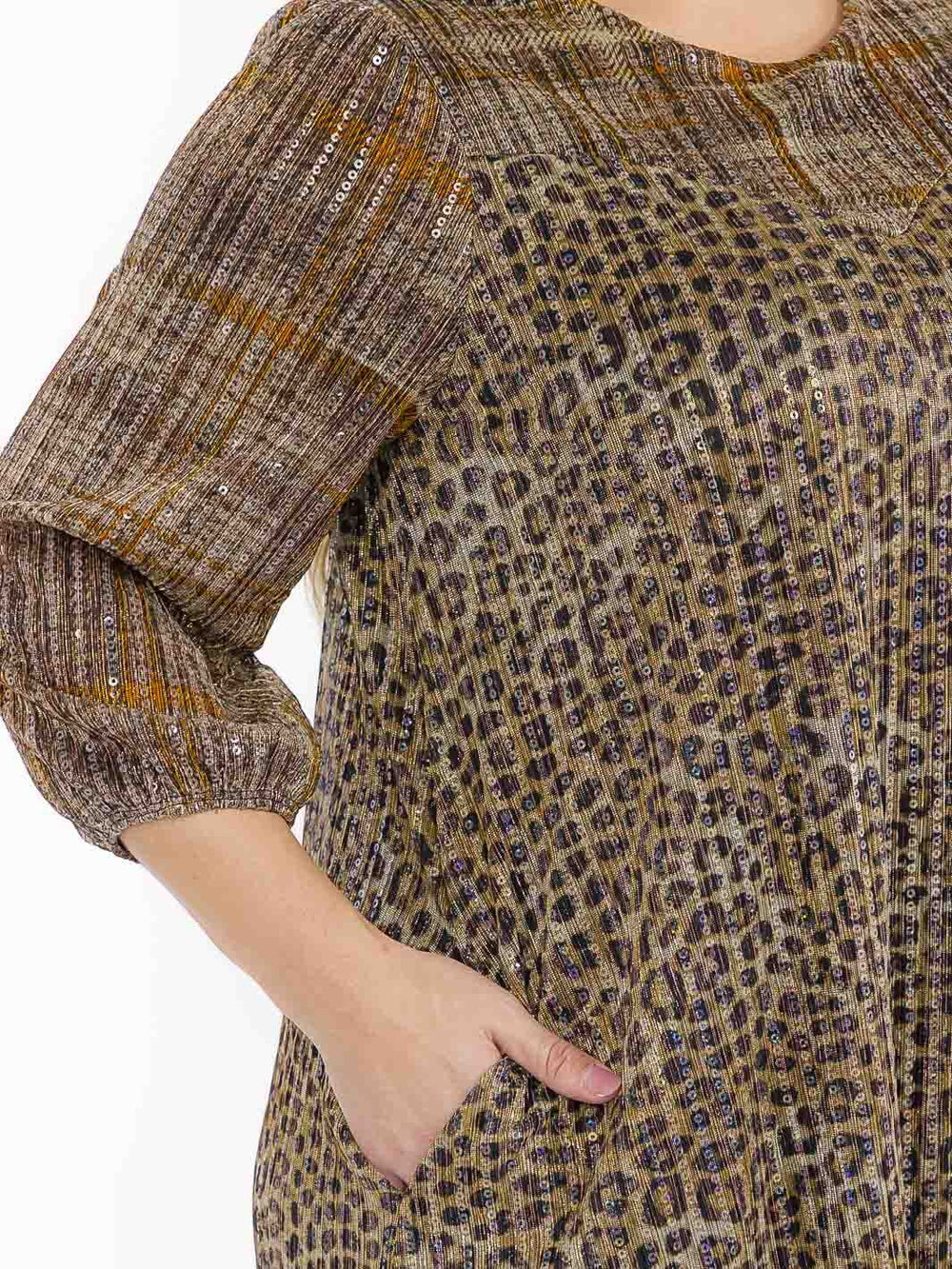 PLUS SIZE 3/4 SLEEVE FRONT POCKETS SEQUINS ANIMAL PRINT MAXI DRESS