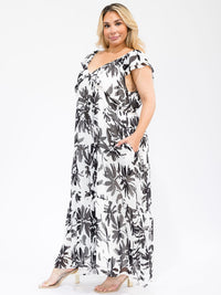 PLUS SIZE SHORT SLEEVE V-NECK POCKETS FLORAL TIERED MAXI DRESS