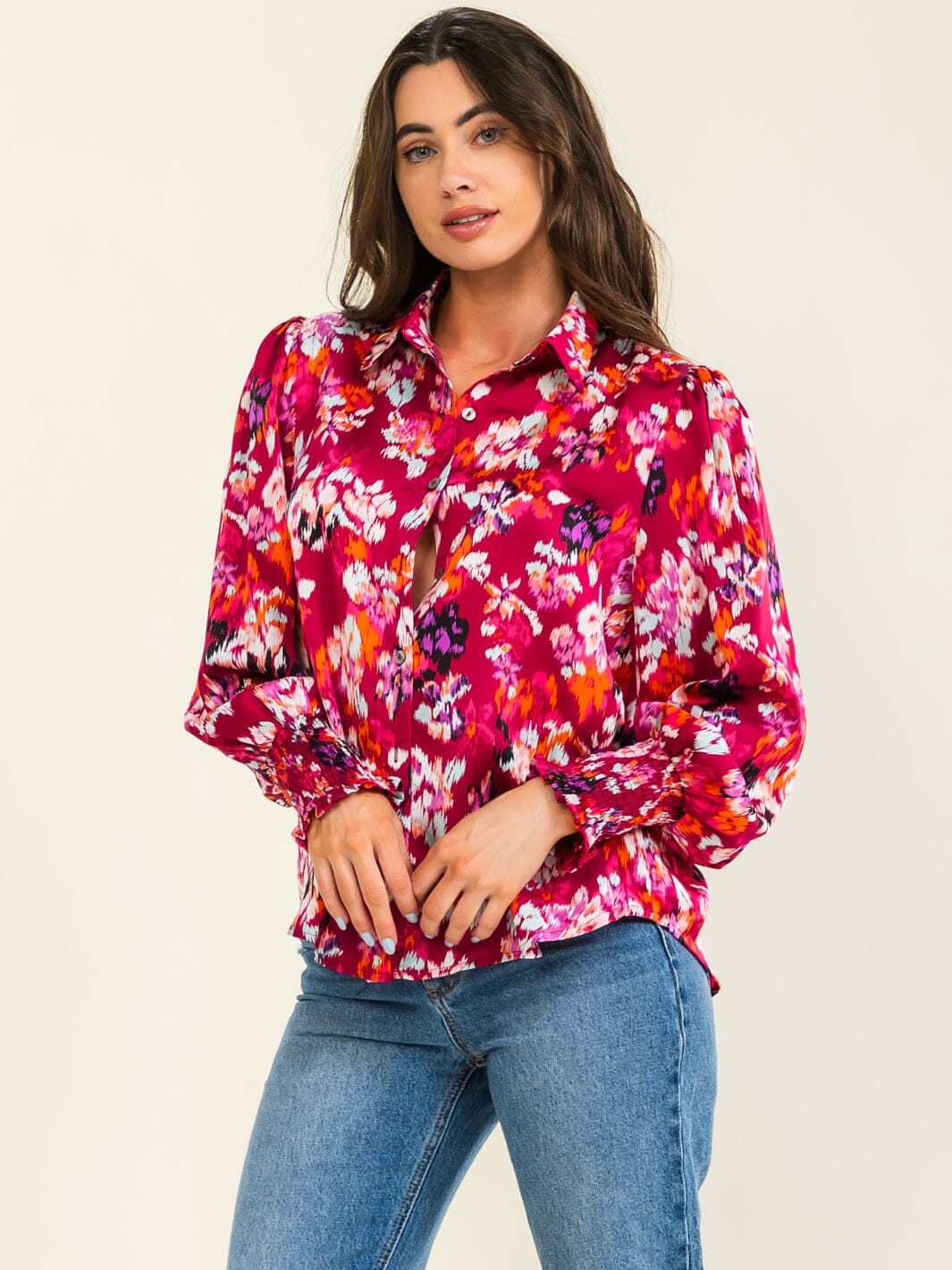 ENTRO WOMEN'S LONG SLEEVE BUTTON UP FLORAL PRINT BLOUSE