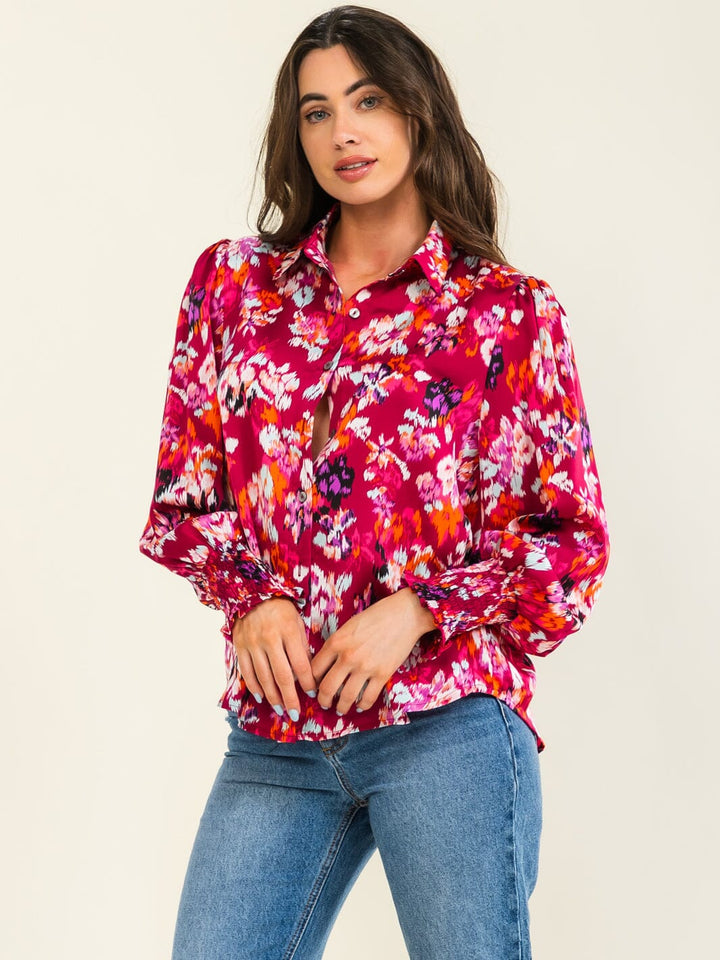 ENTRO WOMEN'S LONG SLEEVE BUTTON UP FLORAL PRINT BLOUSE