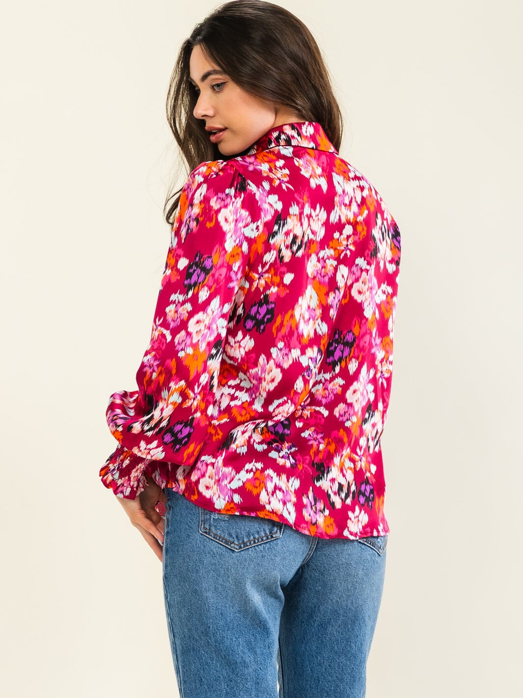 ENTRO WOMEN'S LONG SLEEVE BUTTON UP FLORAL PRINT BLOUSE