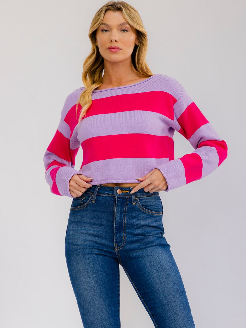 WOMEN'S LONG SLEEVE COLORBLOCK STRIPES KNIT PULLOVER TOP