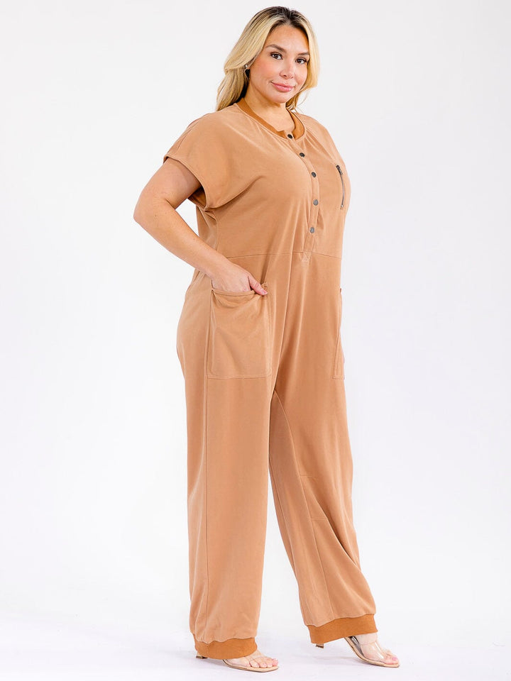 PLUS SIZE SHORT SLEEVE BUTTON UP FRONT POCKETS JOGGER LEG JUMPSUIT