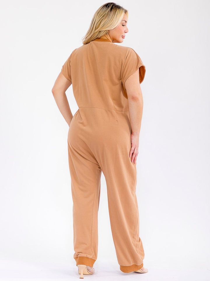 PLUS SIZE SHORT SLEEVE BUTTON UP FRONT POCKETS JOGGER LEG JUMPSUIT